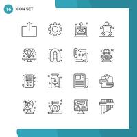 Pack of 16 Modern Outlines Signs and Symbols for Web Print Media such as inflatable boat jewel sent diamond kid Editable Vector Design Elements