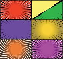 Comic book colorful frames background with halftone rays radial and dotted effects pop art style vector