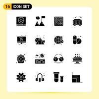 Mobile Interface Solid Glyph Set of 16 Pictograms of shop online calculate time clock Editable Vector Design Elements