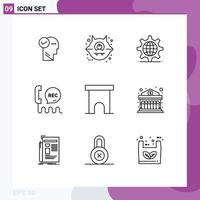 Set of 9 Commercial Outlines pack for institute building help internet contact center Editable Vector Design Elements