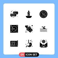 Pack of 9 Modern Solid Glyphs Signs and Symbols for Web Print Media such as tool fire preferences bucket party Editable Vector Design Elements