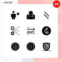 Pack of 9 creative Solid Glyphs of navigation fire exit stick exit tool Editable Vector Design Elements