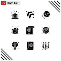 Mobile Interface Solid Glyph Set of 9 Pictograms of document home soccer design sport Editable Vector Design Elements