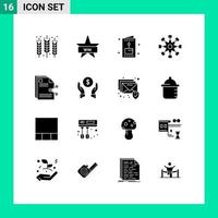 Set of 16 Vector Solid Glyphs on Grid for teamwork collaboration win cogwheel party Editable Vector Design Elements