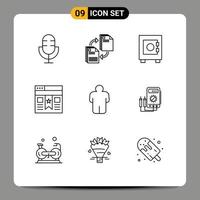 Pack of 9 Modern Outlines Signs and Symbols for Web Print Media such as man ui document interface user Editable Vector Design Elements