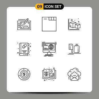 Pack of 9 Modern Outlines Signs and Symbols for Web Print Media such as development information cube medical book booklet Editable Vector Design Elements