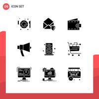 Pack of 9 creative Solid Glyphs of speaker loud security announcement wallet Editable Vector Design Elements