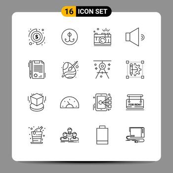 grupo de 16 esbozos de signos y símbolos para el volumen del documento, el altavoz de la cámara captura elementos de diseño vectorial editables vector
