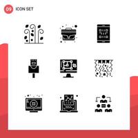 9 Universal Solid Glyphs Set for Web and Mobile Applications designing tool computer code ethernet smartphone Editable Vector Design Elements