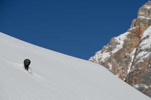 pequeña chimenea de hierro que sale de un techo cubierto de nieve foto