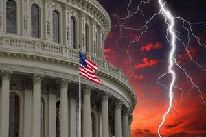 lightning on Washington DC Capitol view on red sunset cloudy sky photo
