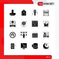 Set of 16 Commercial Solid Glyphs pack for tools gear microphone control game Editable Vector Design Elements