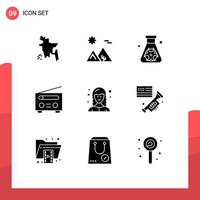 9 Solid Glyph concept for Websites Mobile and Apps female user flask radio device Editable Vector Design Elements