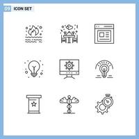 Group of 9 Modern Outlines Set for setting tips table light bulb user Editable Vector Design Elements