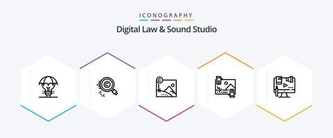 paquete de iconos de 25 líneas de estudio de derecho y sonido digital que incluye imagen. distribución. propietario. contribución derechos de autor vector