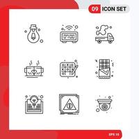 Group of 9 Modern Outlines Set for tic tac toe heart truck love tea Editable Vector Design Elements