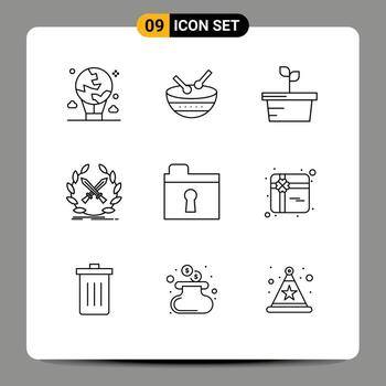 User Interface Pack of 9 Basic Outlines of folder label parade game battle Editable Vector Design Elements