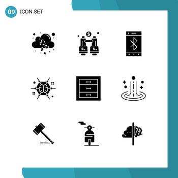 Set of 9 Vector Solid Glyphs on Grid for boxes brainstorming bluetooth brain mind Editable Vector Design Elements