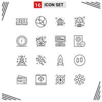 Group of 16 Outlines Signs and Symbols for time alert king alarm real Editable Vector Design Elements