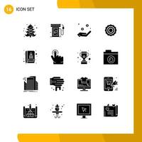 Modern Set of 16 Solid Glyphs Pictograph of click book currency address blades Editable Vector Design Elements