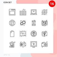 Editable Vector Line Pack of 16 Simple Outlines of technology global laptop business man Editable Vector Design Elements