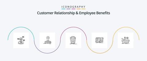relación con el cliente y paquete de iconos de la línea 5 de beneficios para empleados, incluida la teoría. historia. logo. novela. merienda vector