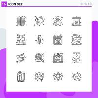 Group of 16 Modern Outlines Set for schedule alarm game meal drinks Editable Vector Design Elements