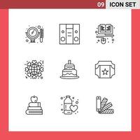 Modern Set of 9 Outlines Pictograph of cake world education love heart Editable Vector Design Elements