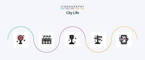 la línea de vida de la ciudad llenó el paquete de iconos planos 5 que incluye el mapa. ciudad. la vida. móvil. dirección vector