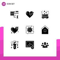 Set of 9 Vector Solid Glyphs on Grid for automation heart bed broken bandage Editable Vector Design Elements