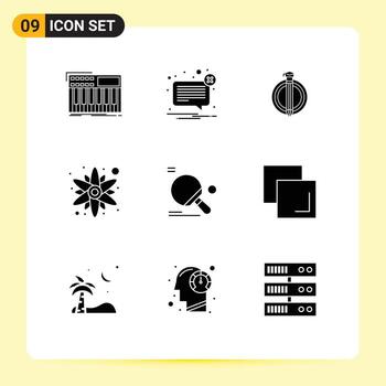 User Interface Pack of 9 Basic Solid Glyphs of racket flower message rose bonus Editable Vector Design Elements