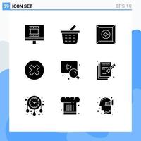 Set of 9 Commercial Solid Glyphs pack for art search product video remove Editable Vector Design Elements