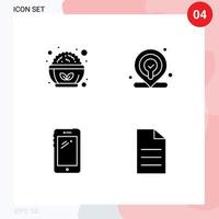 Universal Icon Symbols Group of 4 Modern Solid Glyphs of food mobile salad bowl map samsung Editable Vector Design Elements