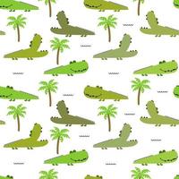 Seamless pattern with funny crocodiles and palmss. Childish background. Vector cute animal background