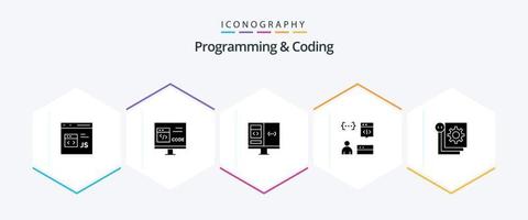 paquete de iconos de 25 glifos de programación y codificación, incluido el desarrollo. aplicación desarrollar. desarrollo. computadora vector