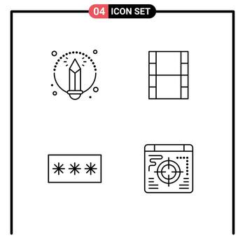 paquete de 4 signos y símbolos de colores planos de línea de relleno modernos para medios de impresión web, como contraseña creativa, código de video, elementos de diseño de vectores editables web