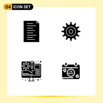 grupo de 4 glifos sólidos modernos establecidos para elementos de diseño vectorial editables de fecha de diseño de engranaje de diseño web de código vector