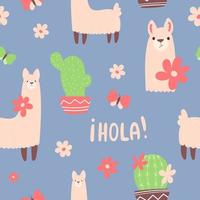 Vector seamless pattern with cute cartoon style llamas, flowers, cacti and butterflies on a blue background