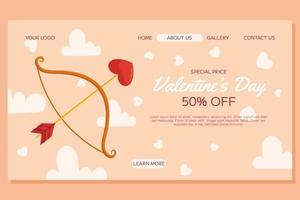 S t. diseño de plantilla de página de destino del día de san valentín. arco y flecha con punta de flecha en forma de corazón, nubes y corazón alrededor de la espalda beige. concepto de precio especial compras en línea vector