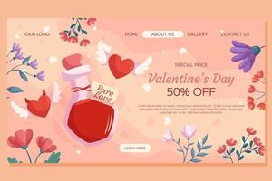 St. Valentine's Day Landing page template design. Love potion bottle two heart with wings demon and angel, flower frame on beige back. Special Price concept online shopping vector
