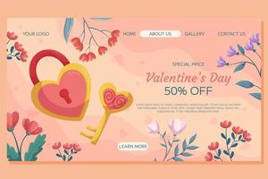 St. Valentine's Day Landing page template design. Lock and key in heart shape, gold and pink color with floral frame on beige backdrop. Special Price concept online shopping vector
