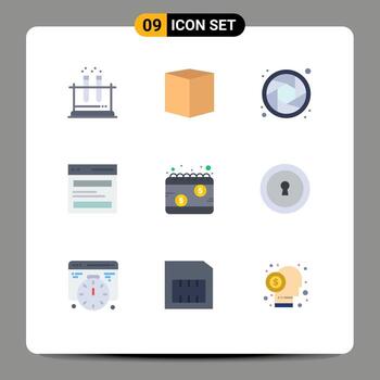 User Interface Pack of 9 Basic Flat Colors of money user camera interface header Editable Vector Design Elements