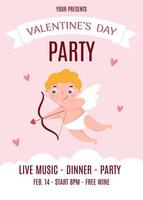 Valentine's Day party invitation. Cute cupid with bow and arrow. Vector illustration