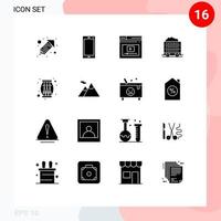 Mobile Interface Solid Glyph Set of 16 Pictograms of drum construction internet barrow video Editable Vector Design Elements