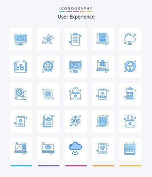 experiencia de usuario creativa 25 paquete de iconos azules como red en la nube. ordenador portátil. archivo. web. desarrollo vector