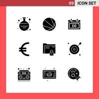 Set of 9 Commercial Solid Glyphs pack for password data appointment finance currency Editable Vector Design Elements