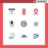 User Interface Pack of 9 Basic Flat Colors of media record location microphone audio Editable Vector Design Elements