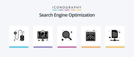 paquete de iconos seo glyph 5 que incluye servidor. documento. buscar. base de datos. actuación. diseño de iconos creativos vector