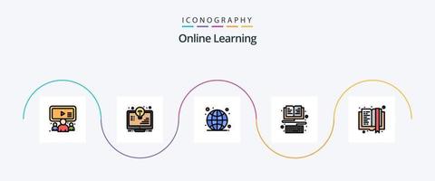 Online Learning Line Filled Flat 5 Icon Pack Including book. education. monitor. ebook. live vector