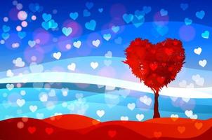 Tree in the shape of heart, valentines day background, vector fantasy landscape, hearts banner template